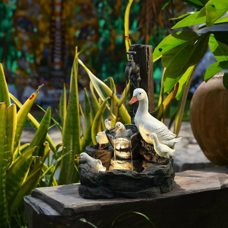 Solar resin duck garden fountain with LED squirrel design