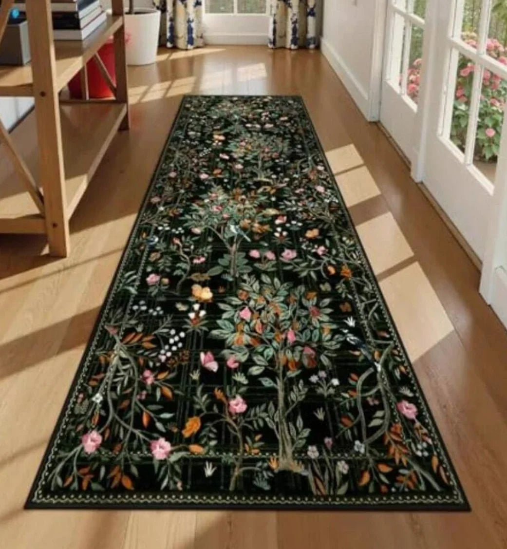 Geometric Gold Floral Feather - Long Runner Rug