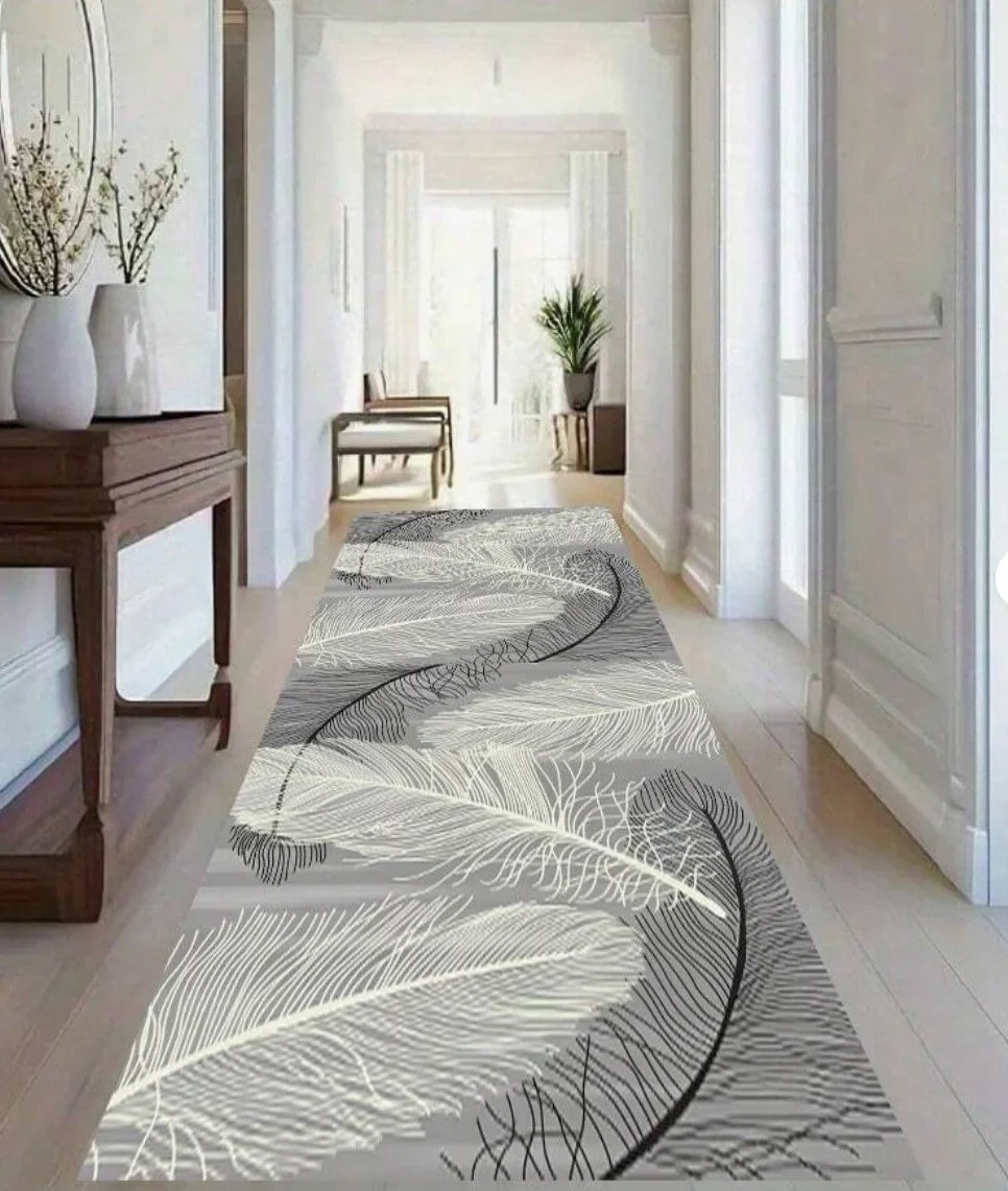 Geometric Gold Floral Feather - Long Runner Rug