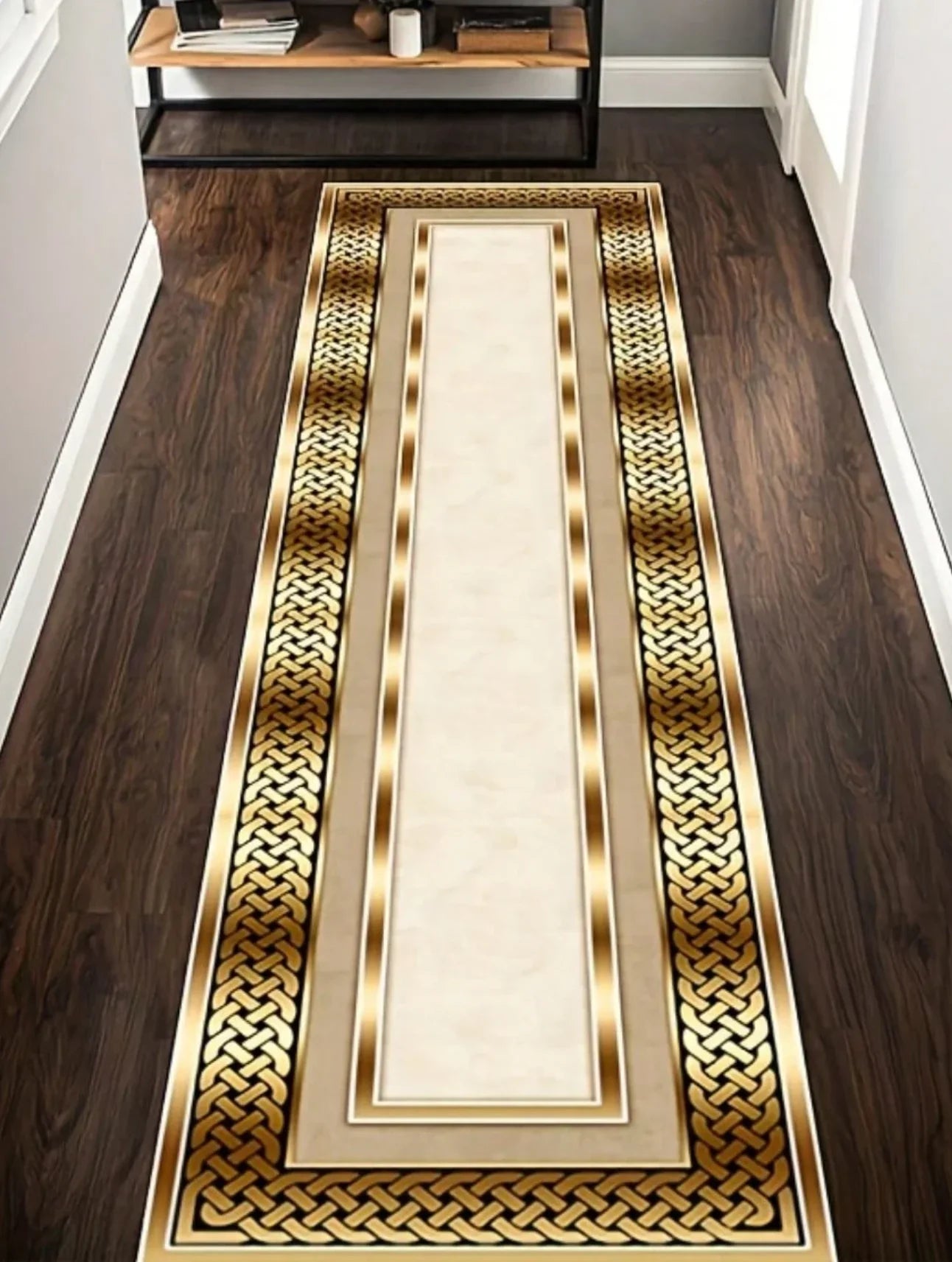 Geometric Gold Floral Feather - Long Runner Rug